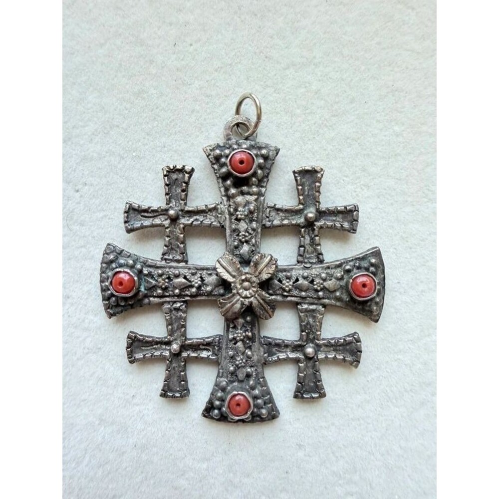 Vintage Jerusalem Crusader Cross Pendant | Faux Red Coral Cabochon